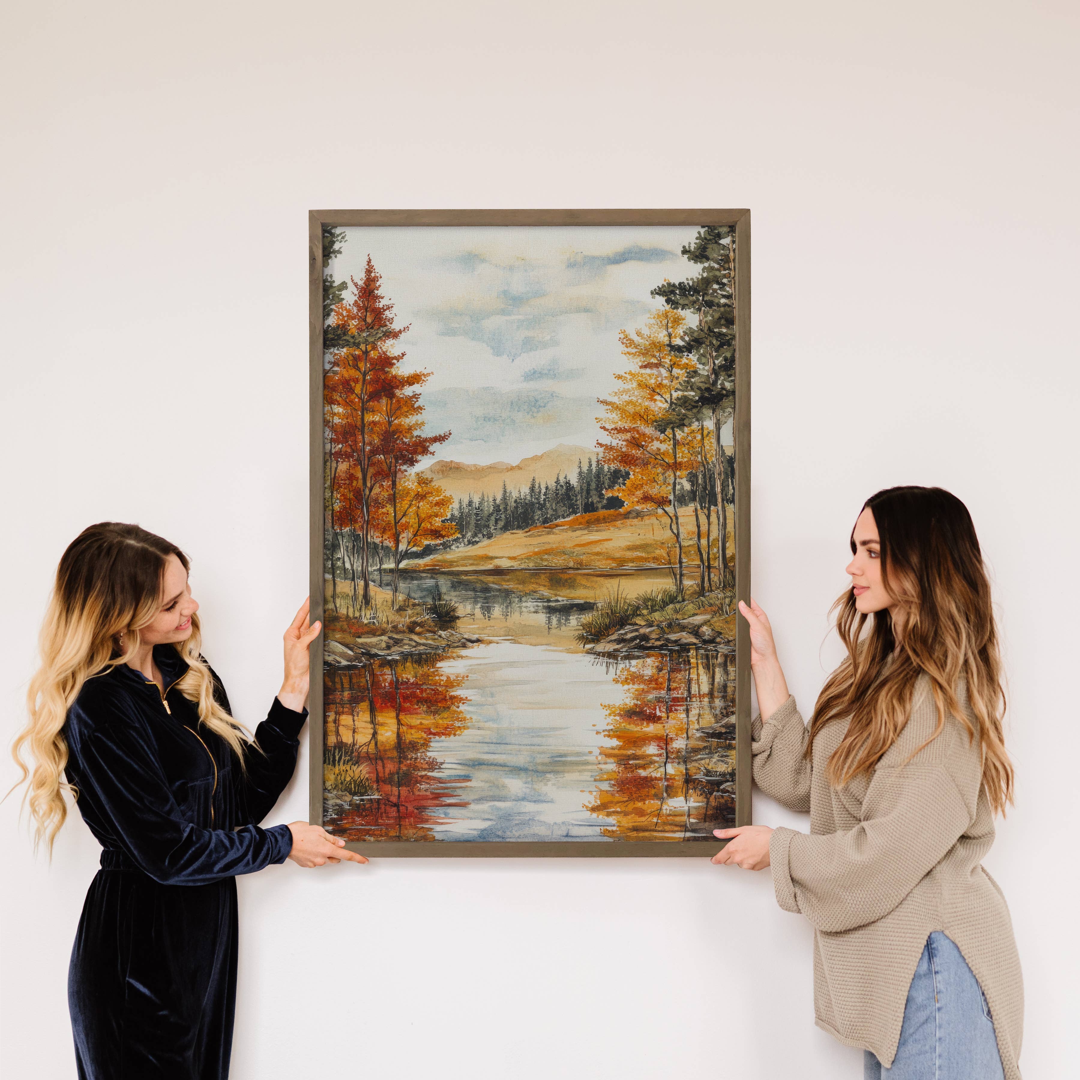 Changing Seasons River Woods - Mountain Canvas Art - Framed