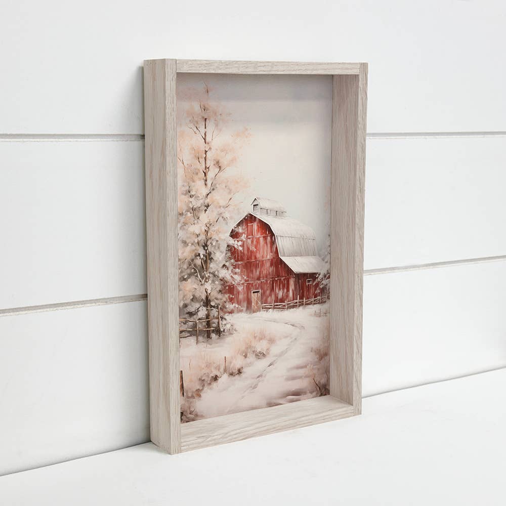 Snowy Winter Red Barn - Winter Scene Canvas Art - Framed