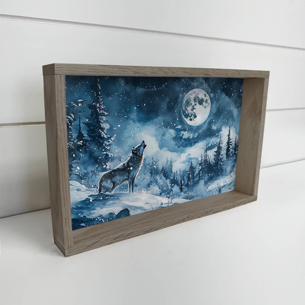 Wolf Howling Moonlight Snow - Wolf Canvas Art - Wood Framed