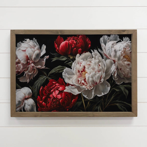 White Red Peonies Dark - Peony Canvas Art - Wood Framed Art