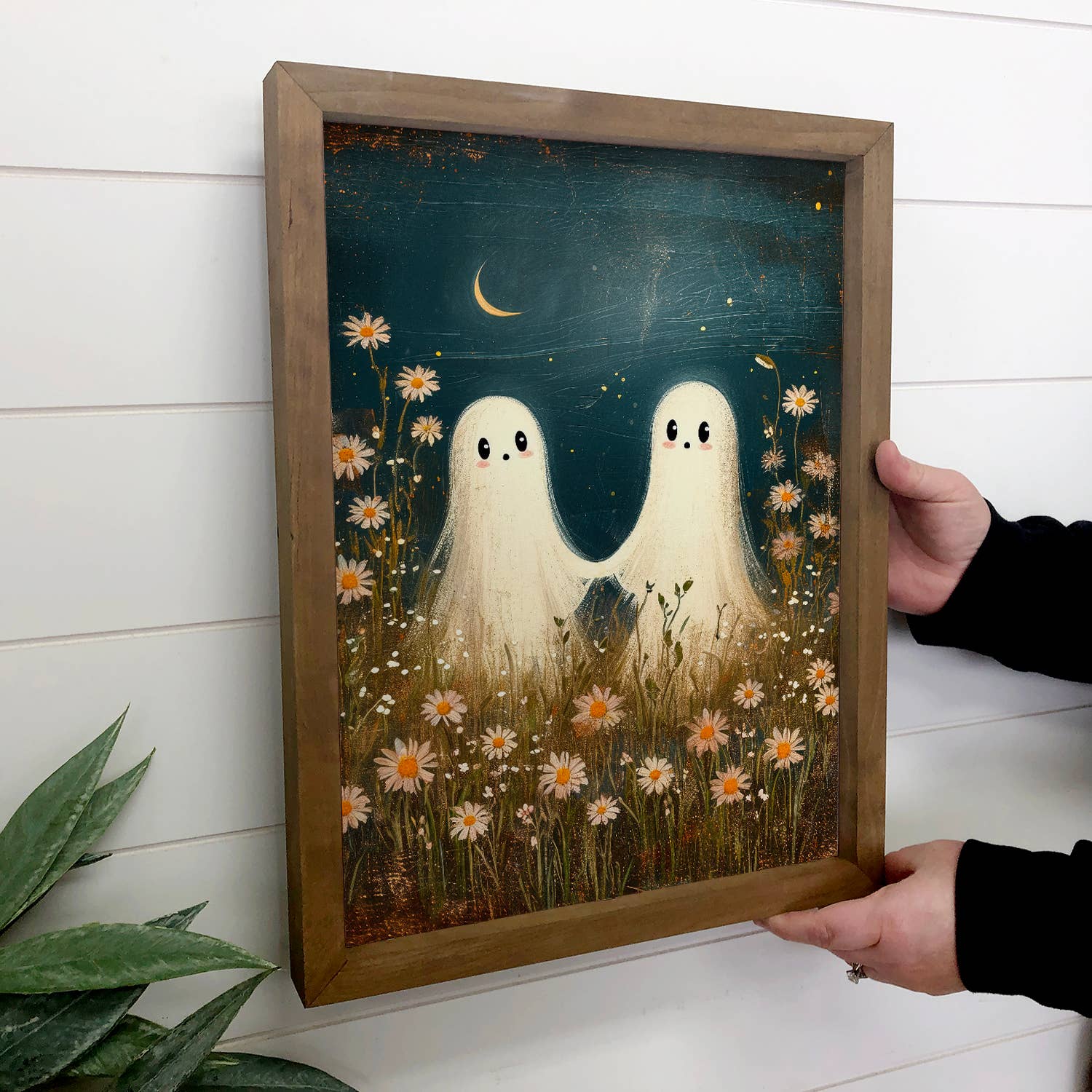 Two Cute Ghosts Holding Hands in Flowers - Halloween Artwork