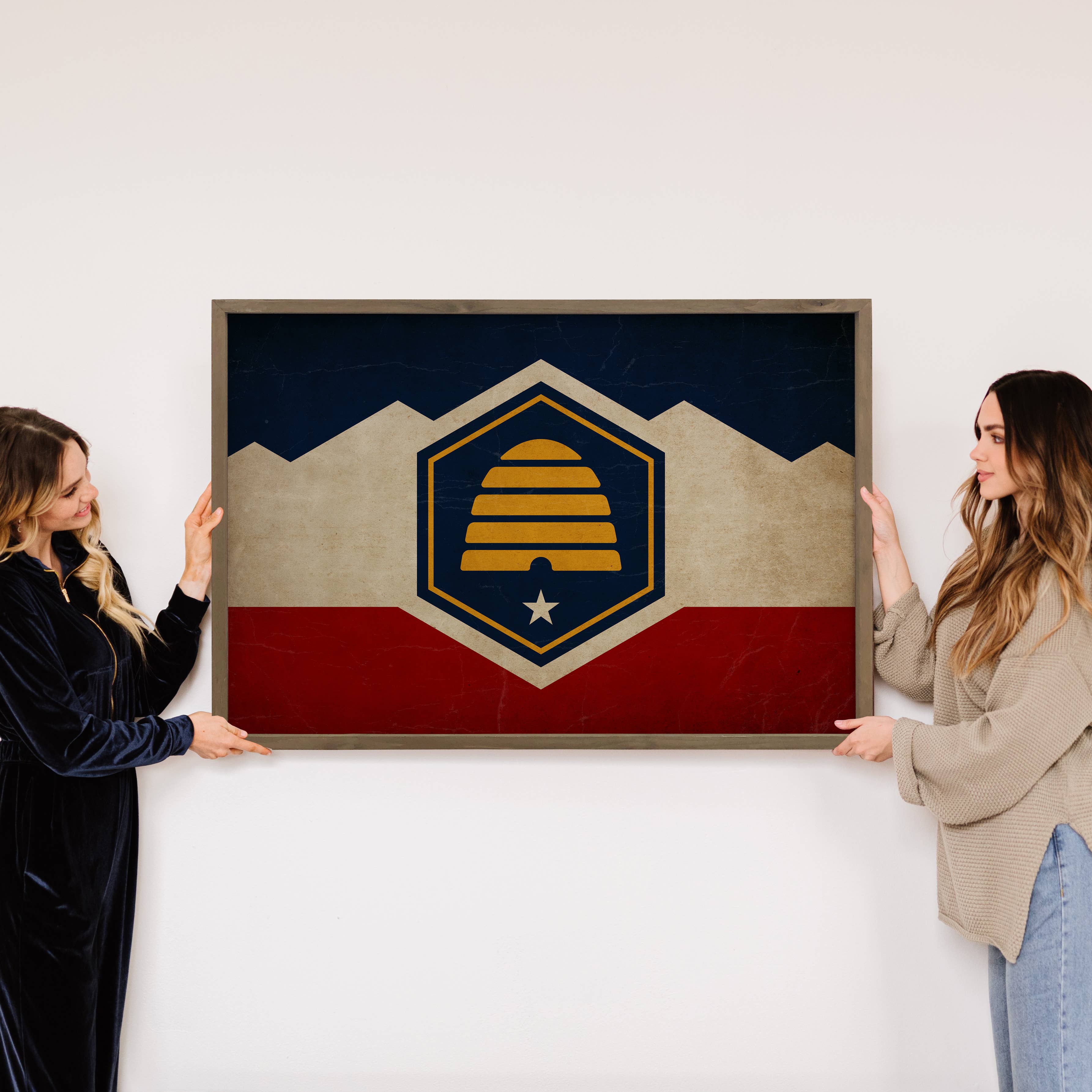Utah Vintage Flag - State Flag Canvas Art - Wood Framed Art
