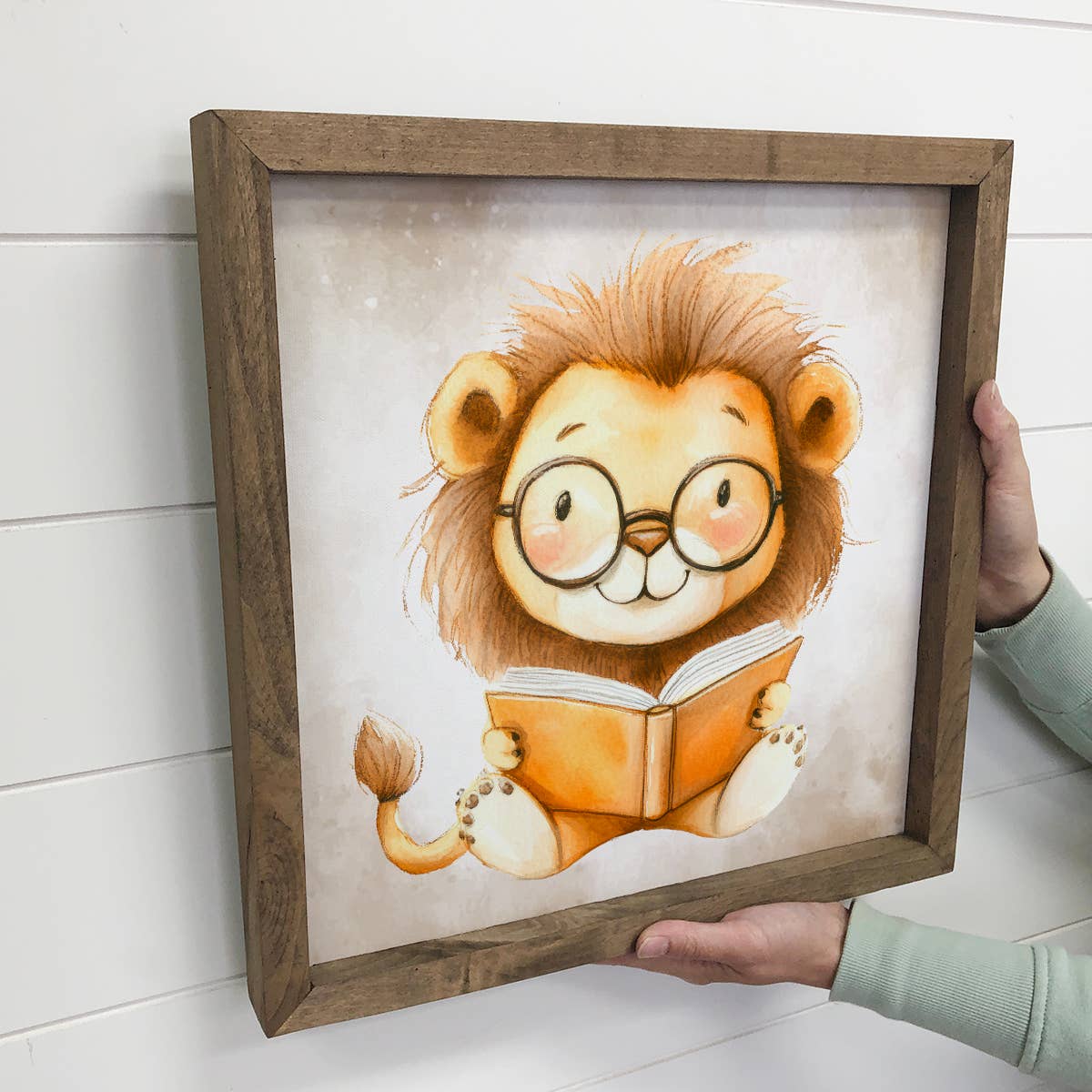 Lion Reading Book - Cute Lion Canvas Art - Wood Framed Art