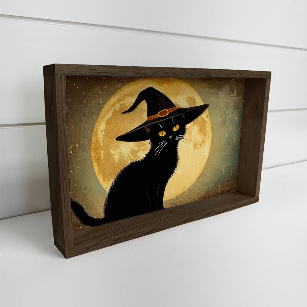 Black Cat and a Full Moon - Halloween Canvas Art - Framed