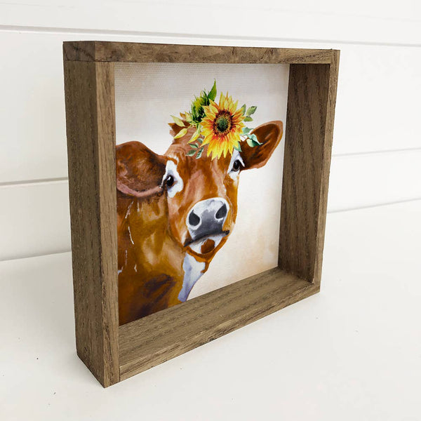Cow with a Yellow Sunflower - Cute Cow decor with wood Frame