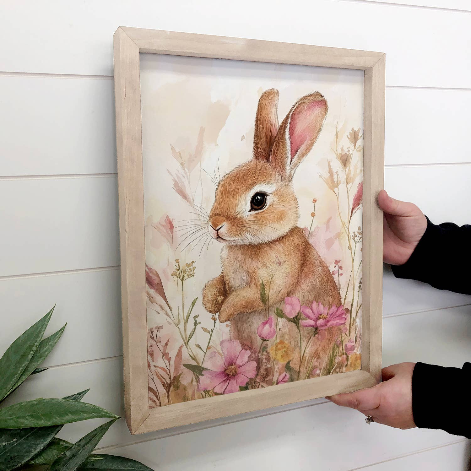 Sweet Brown Bunny Pink Flowers - Bunny Canvas Art - Framed