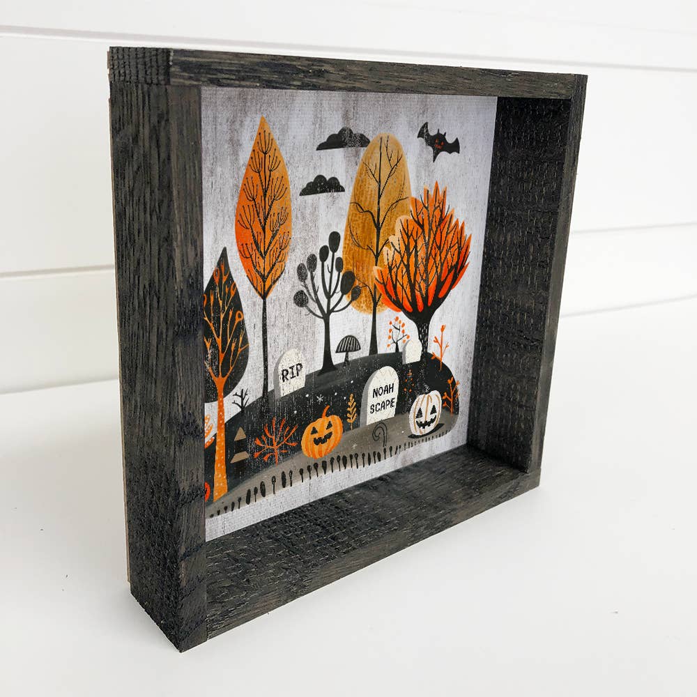 Folk Halloween Cemetery - Halloween Canvas Art - Wood Framed