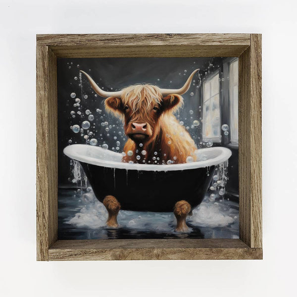 Highland Cow in Black Tub - Wood Framed Canvas Art - Animal