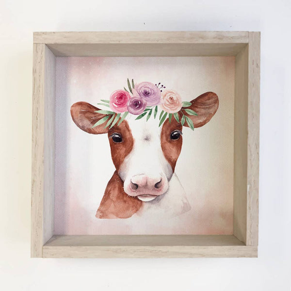Cow Canvas- Baby Girl Watercolor Cow Wood Frame Sign