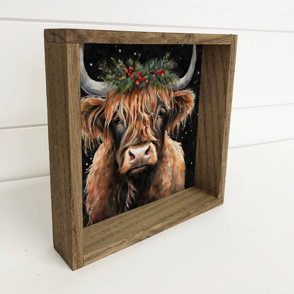 Highland Cow Christmas Black Background - Holiday Animal Art