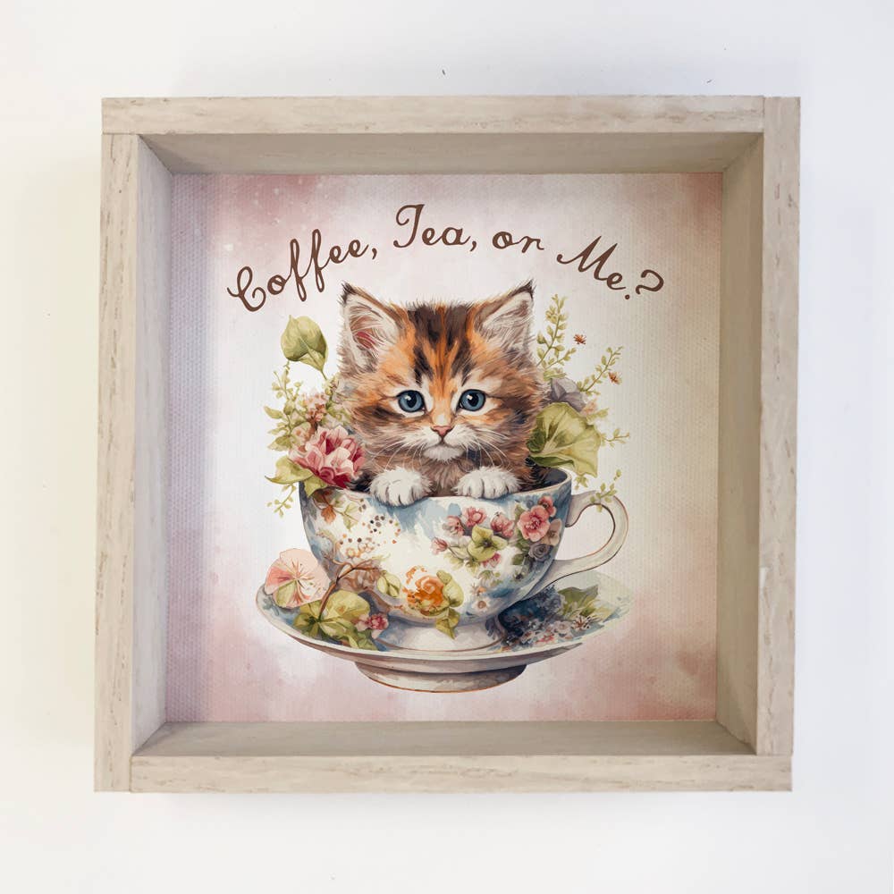 Coffee Tea or Me Cat - Cute Kitten - Kitchen Art with Frame