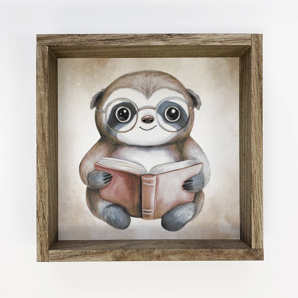 Sloth Reading Book - Cute Sloth Canvas Art - Wood Framed Art