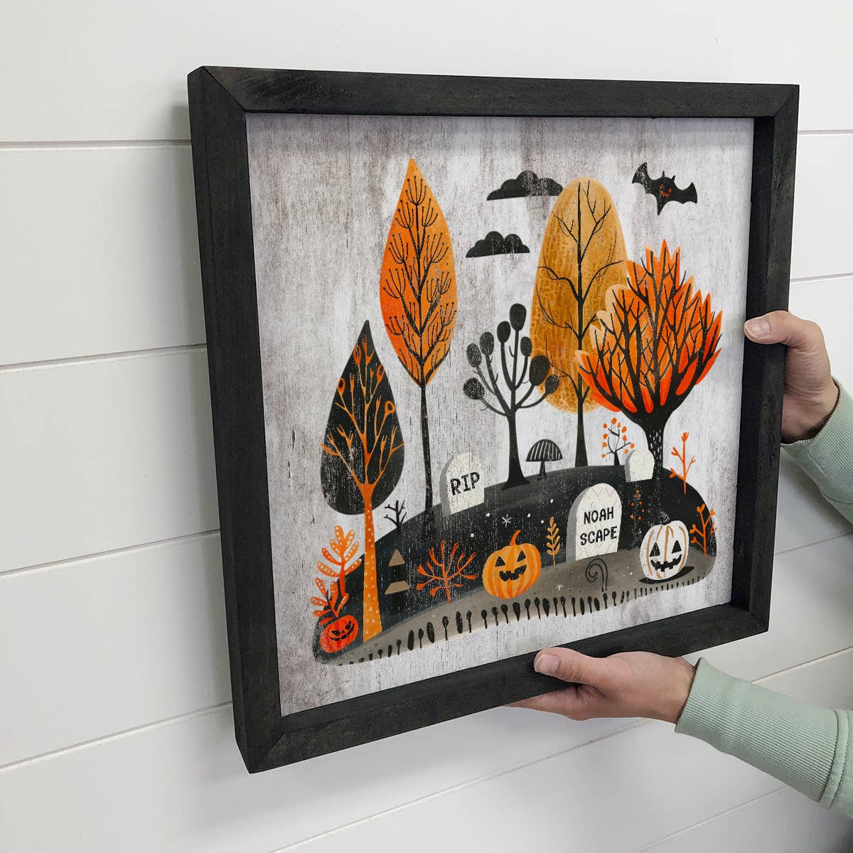 Folk Halloween Cemetery - Halloween Canvas Art - Wood Framed
