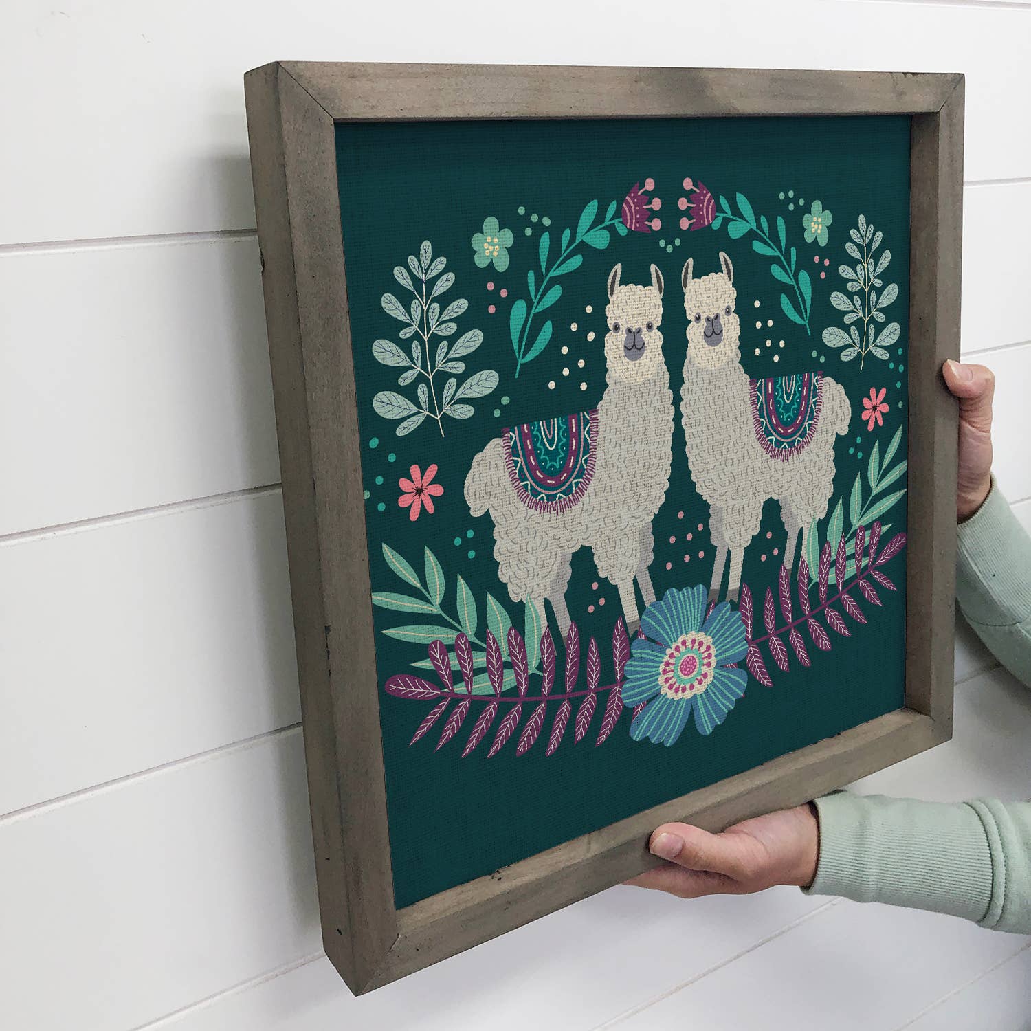 Folk Llamas Wall Art - Animal Folk Canvas Art - Wood Framed
