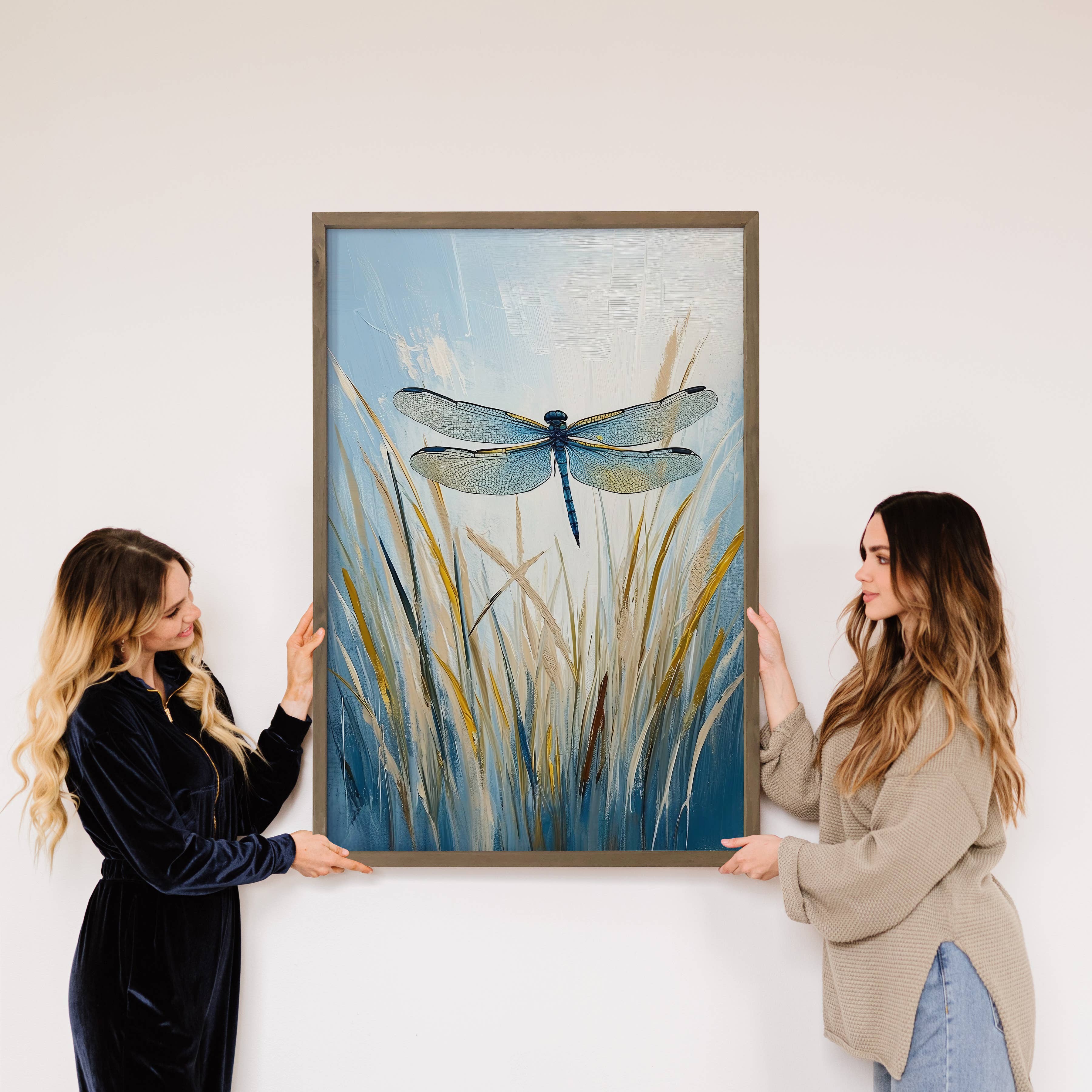 Dragonfly Over Grass - Dragonfly Canvas Art - Wood Framed