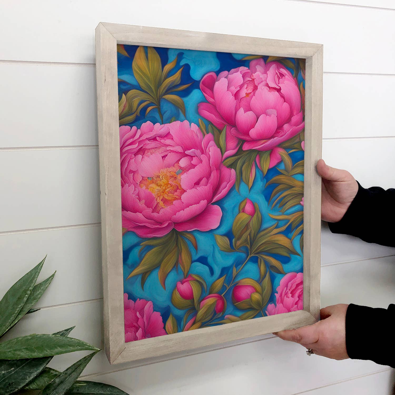Pink Peonies Vivid Blue Background - Frame Floral Canvas Art
