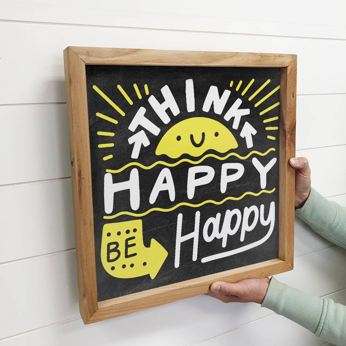 Kids Room Sign - Think Happy Be Happy - Black & Yellow