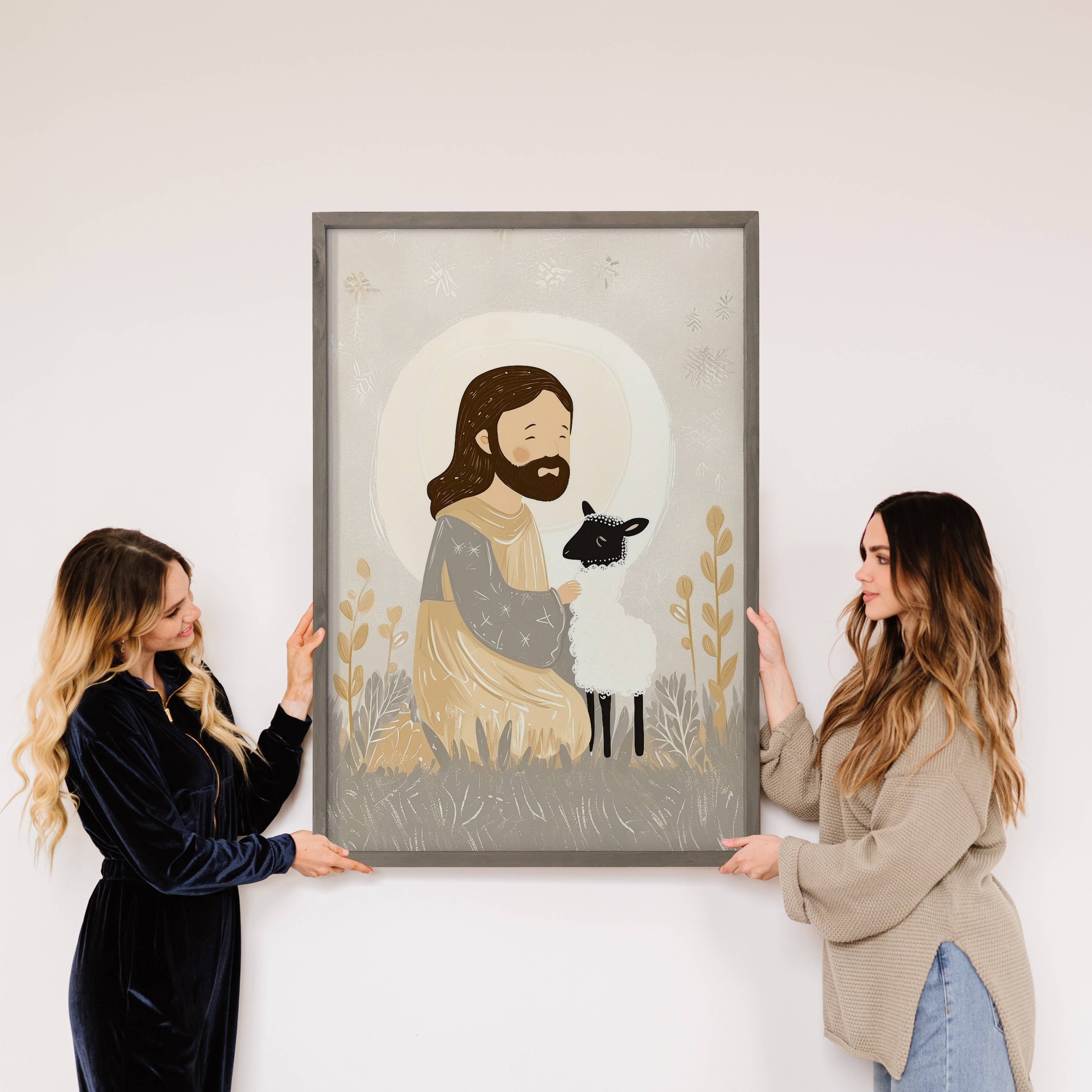Cute Jesus Kneeling with Stray Lamb - Jesus Canvas Art