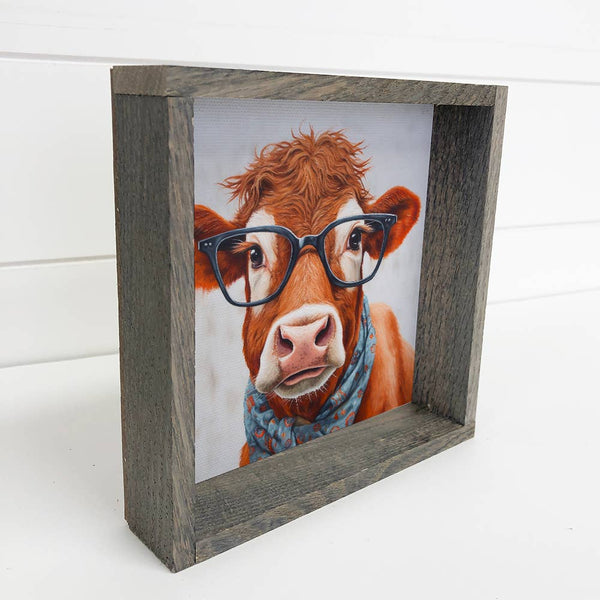 Cow Glasses & Scarf - Cute Animal Decor - Framed Cow Art