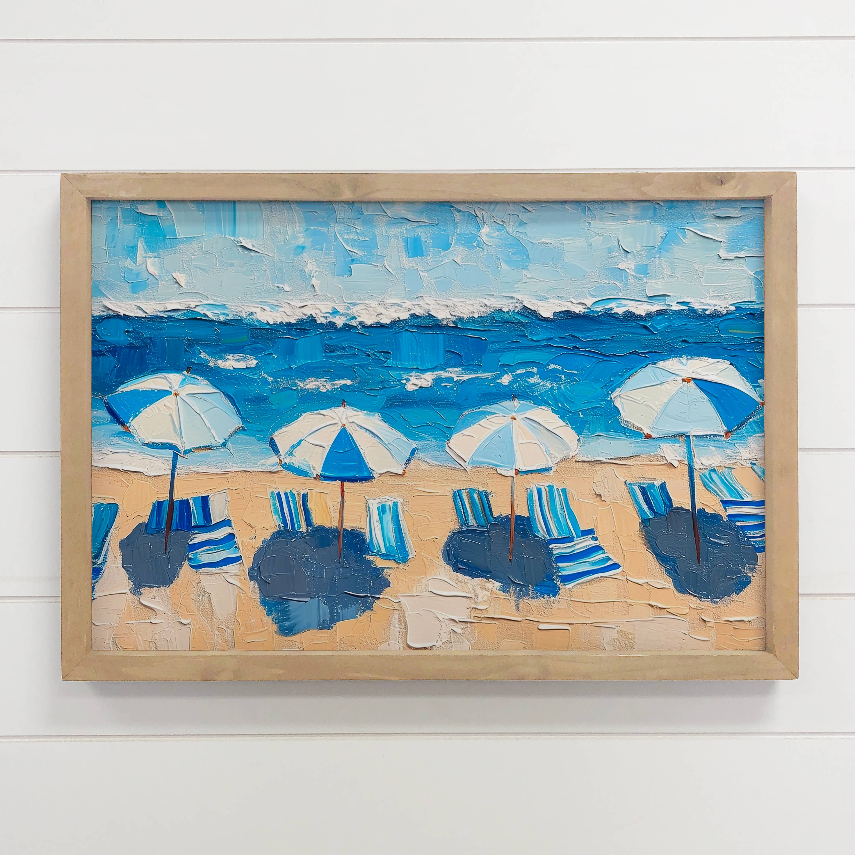 Blue and White Beach Scene - Beach Canvas Art - Wood Framed