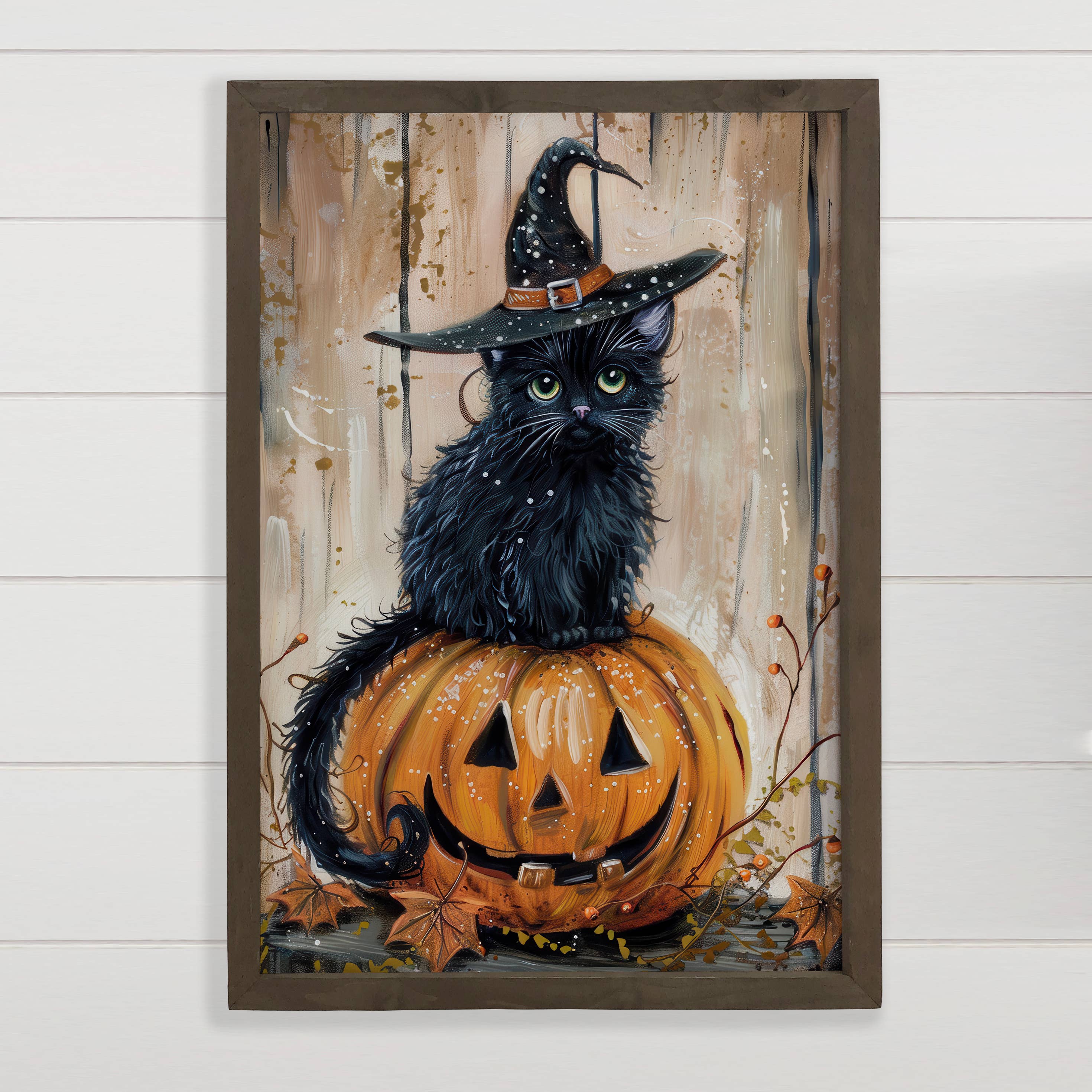 Black Cat Witch Hat Pumpkin - Halloween Canvas Art - Framed