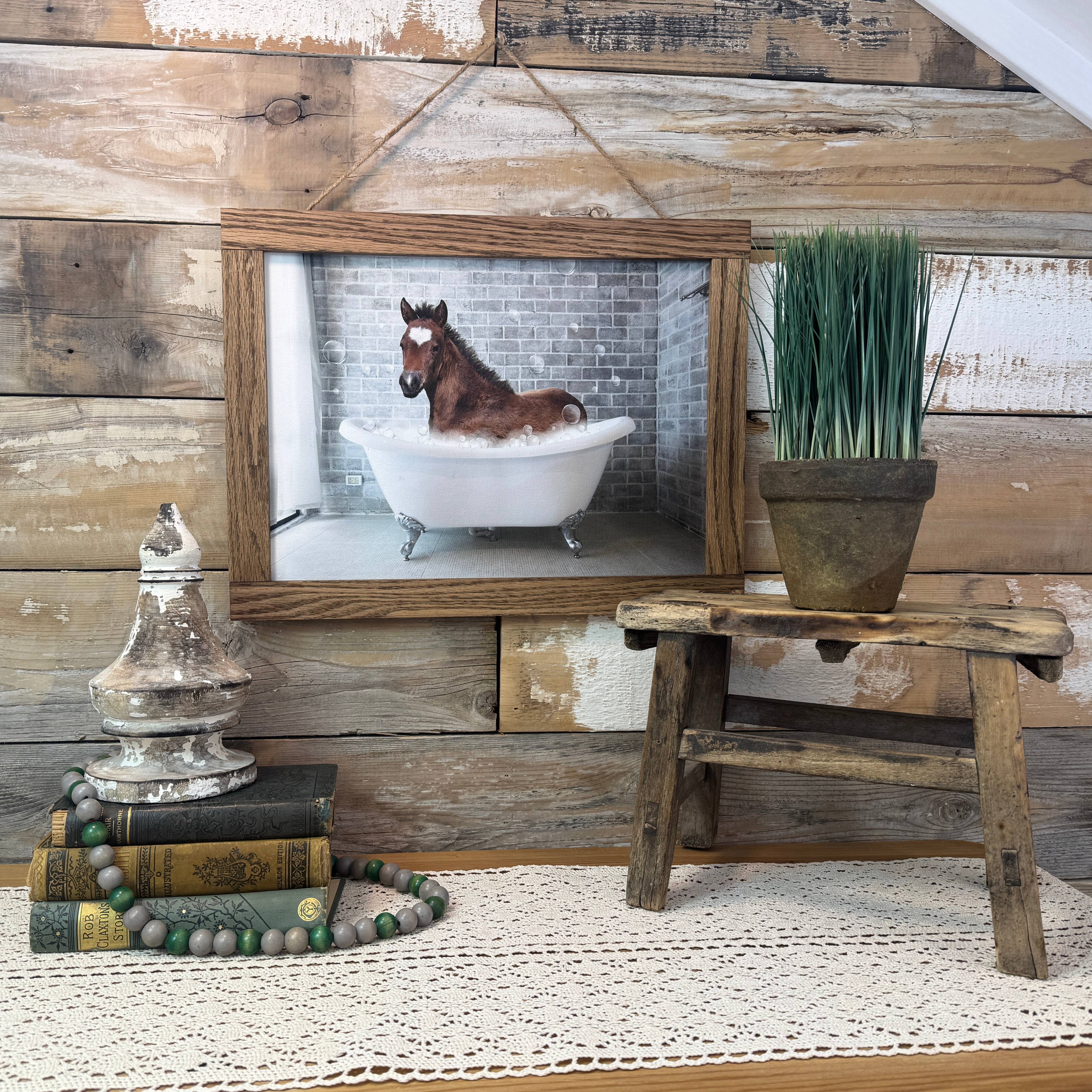 Horse in Bathtub Funny Bathroom Wood Sign Framed