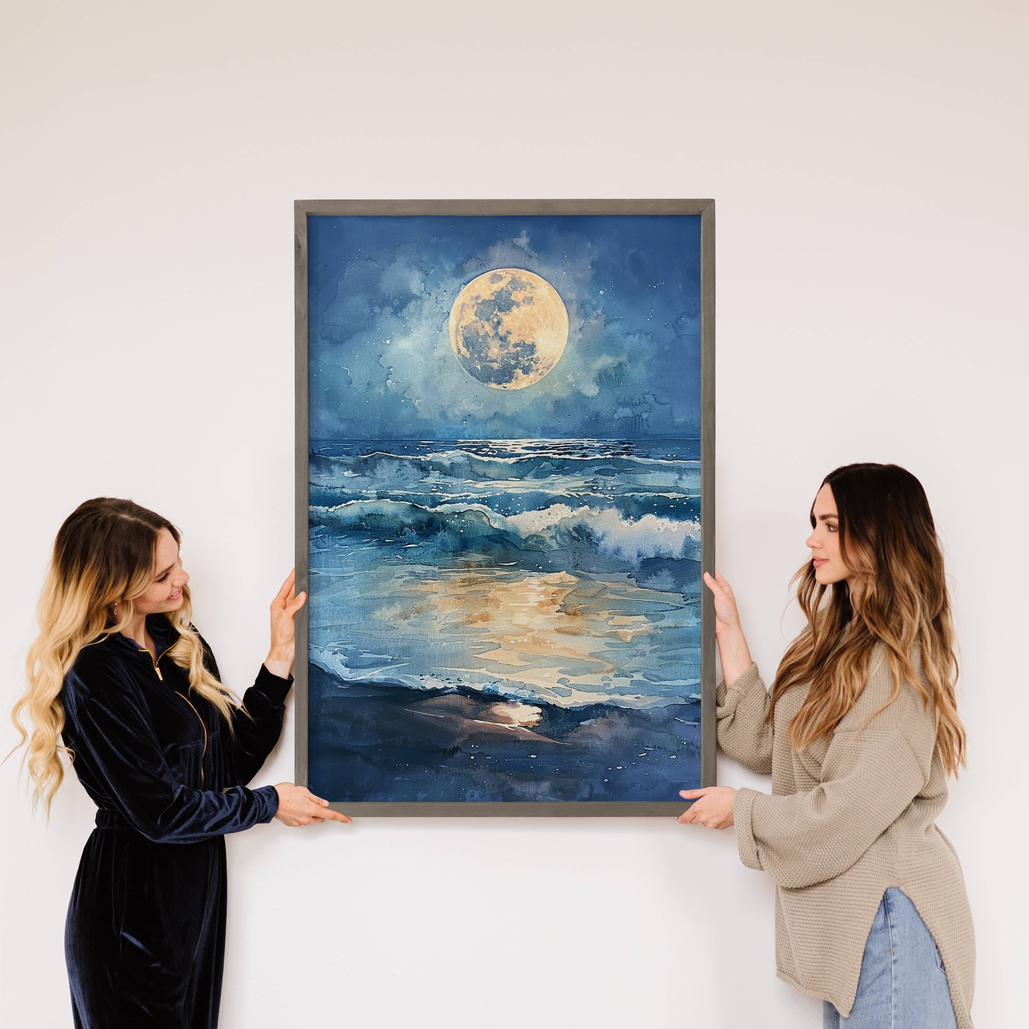 Moon Ocean Tides - Ocean Canvas Art - Wood Framed Artwork