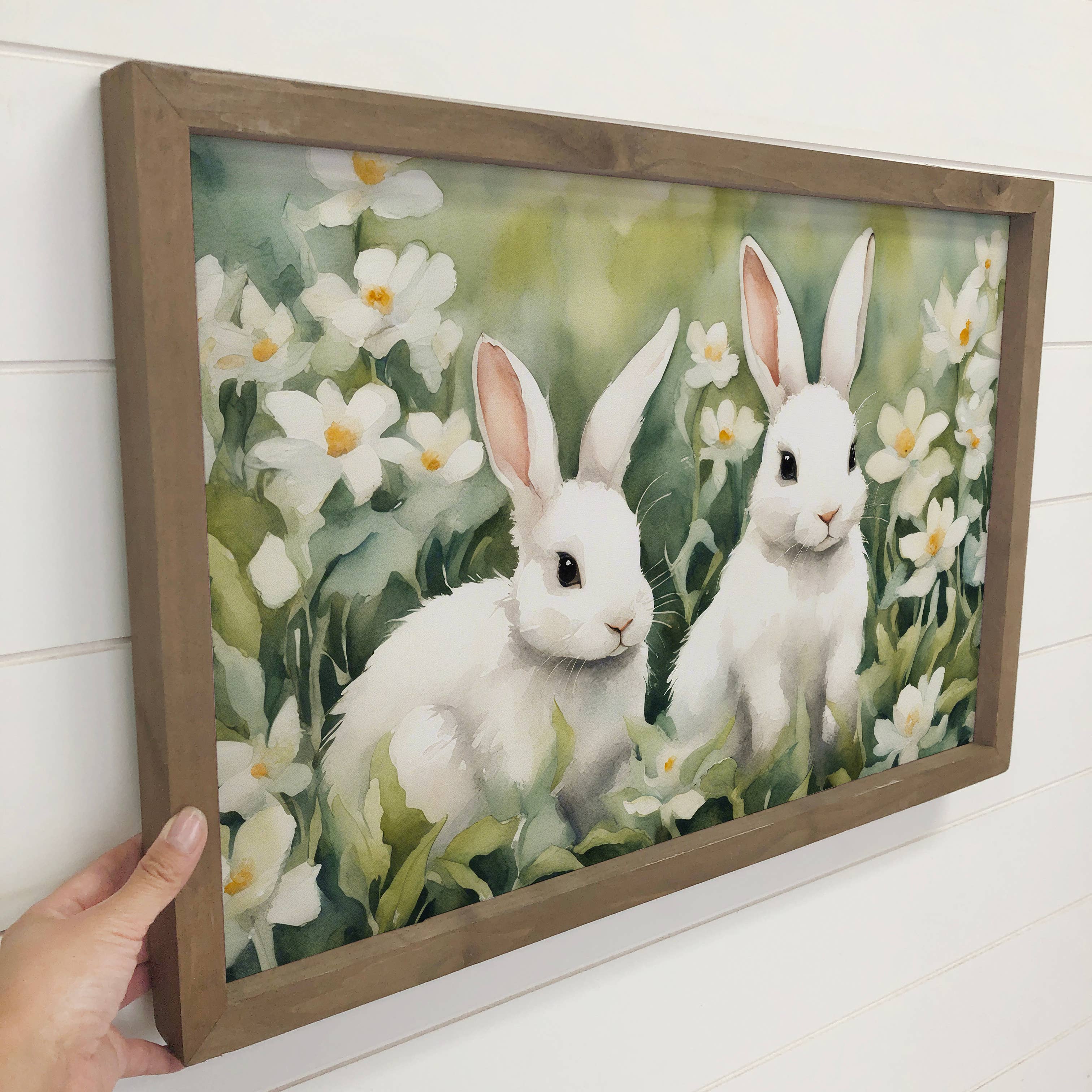 White Bunnies with White Flowers - Sweet Bunny Canvas Art