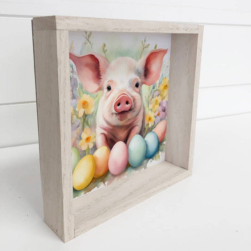 Easter Eggs Pig - Springtime Piggy Canvas Art - Wood Framed