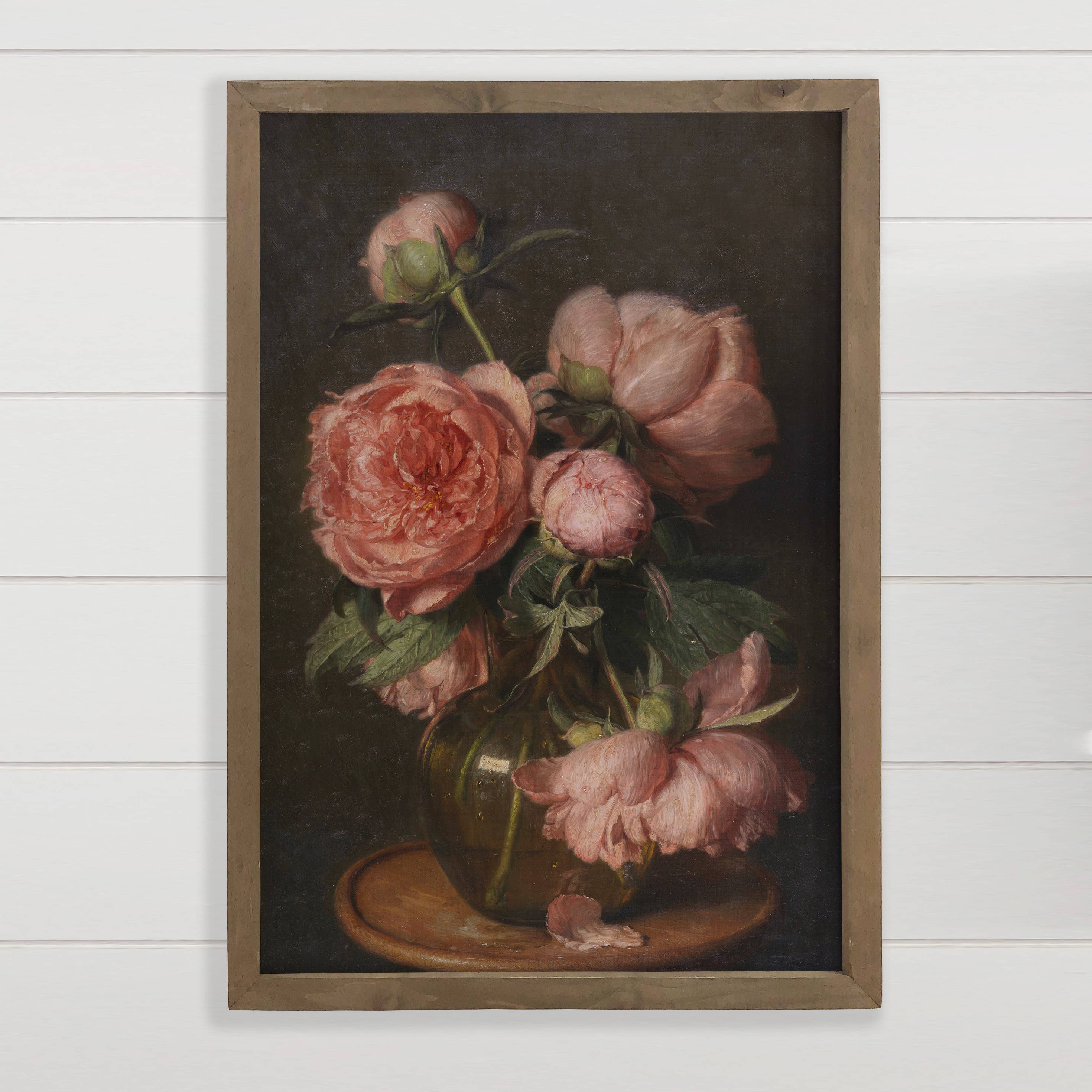 Peonies Vintage Glass Vase - Flower Canvas Art - Wood Framed