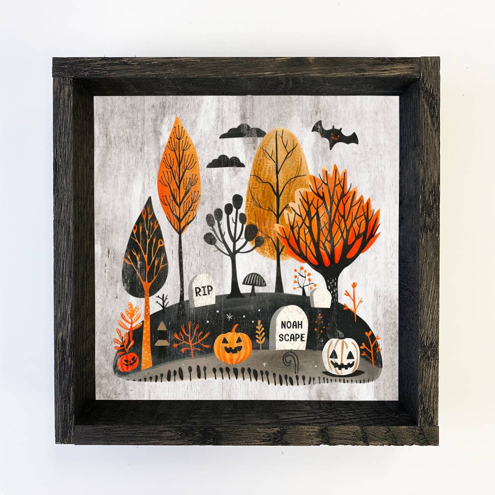 Folk Halloween Cemetery - Halloween Canvas Art - Wood Framed