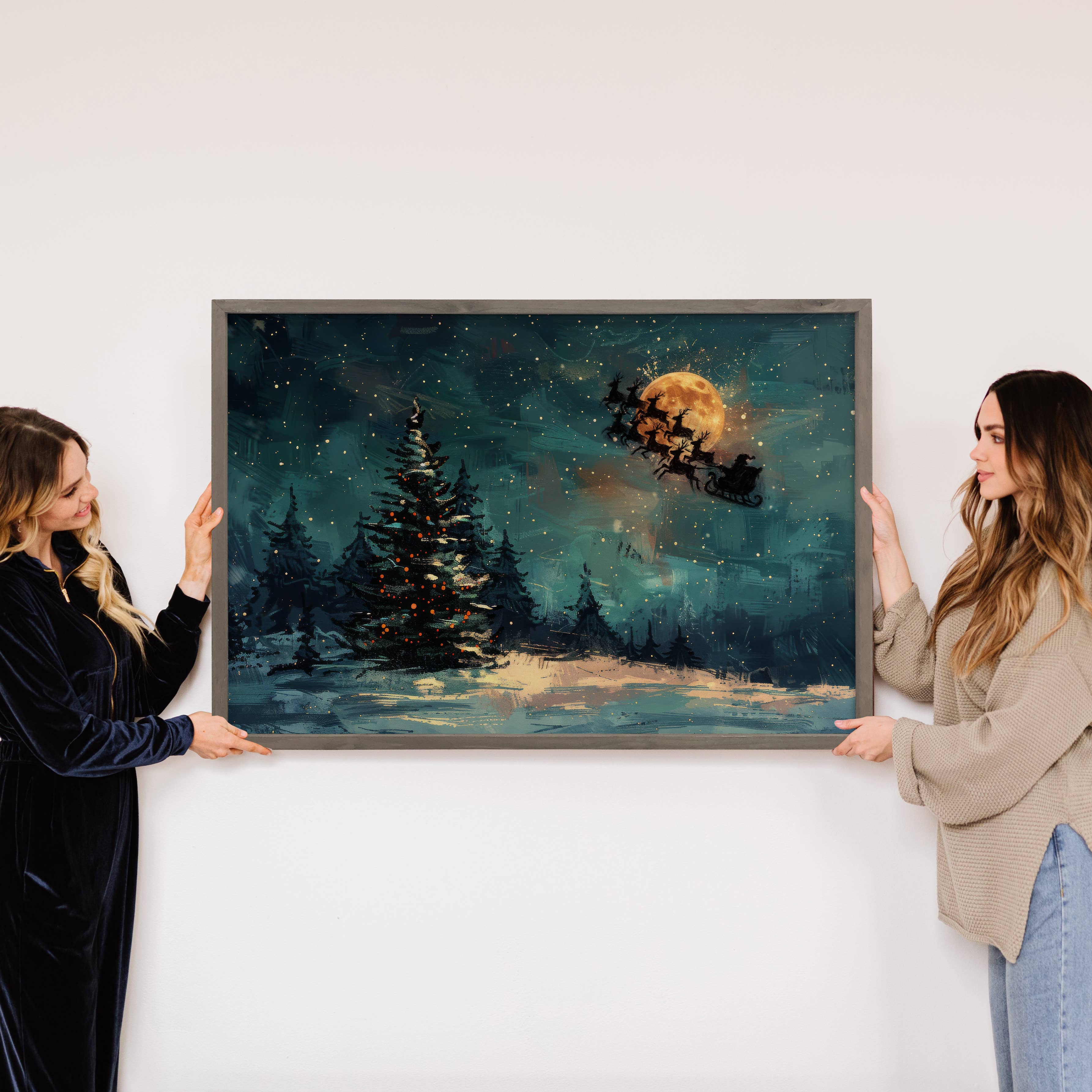 Santa Flying Past a Full Moon - Santa Canvas Art - Framed