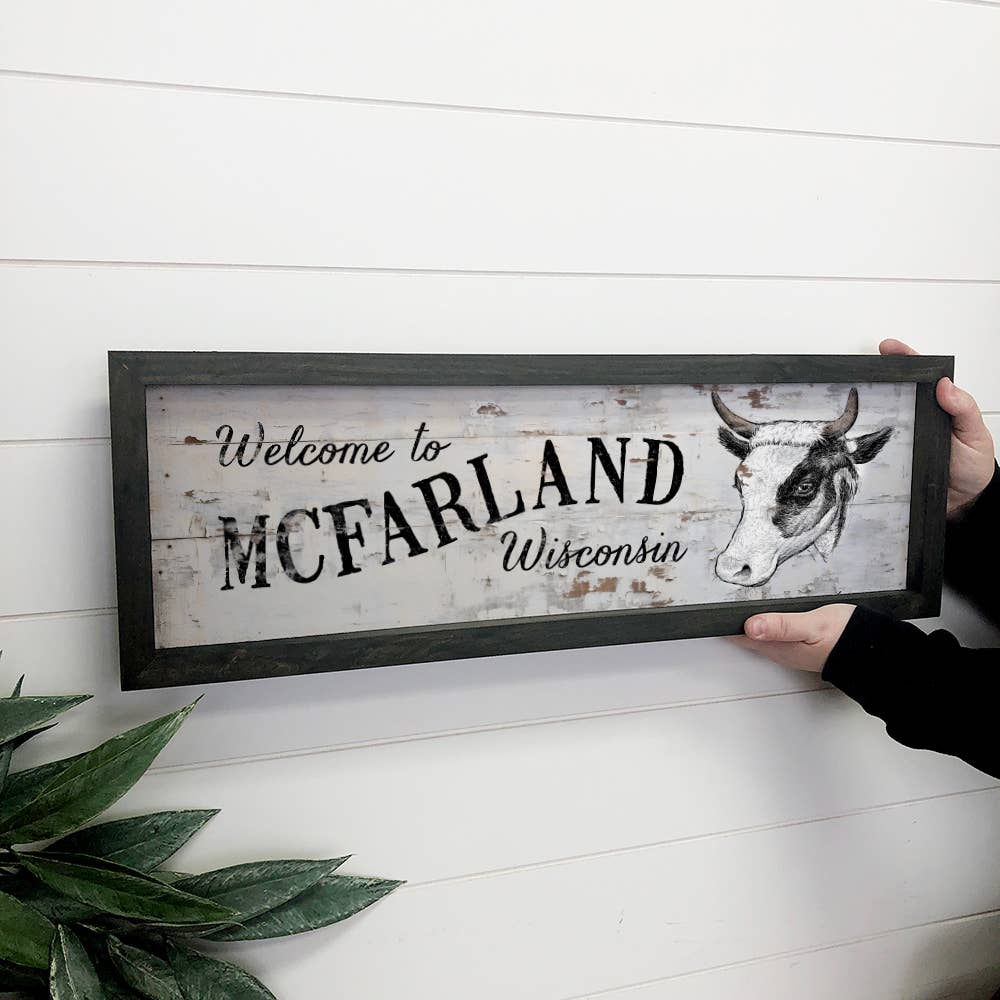 Personalized Welcome Sign - Wood Framed Rustic Cow Wall Art