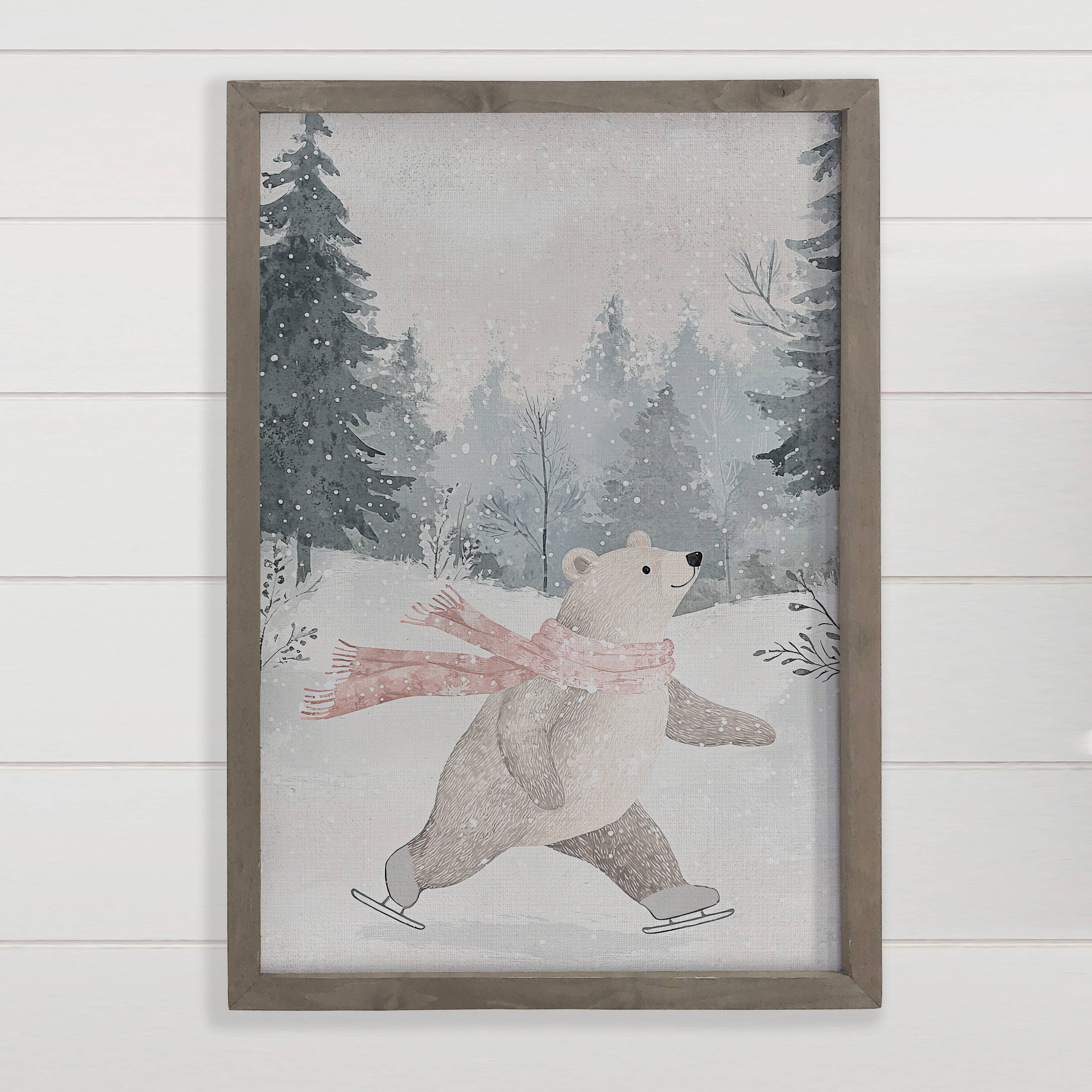 Ice Skating Bear - Cute Winter Animal Canvas Art - Framed