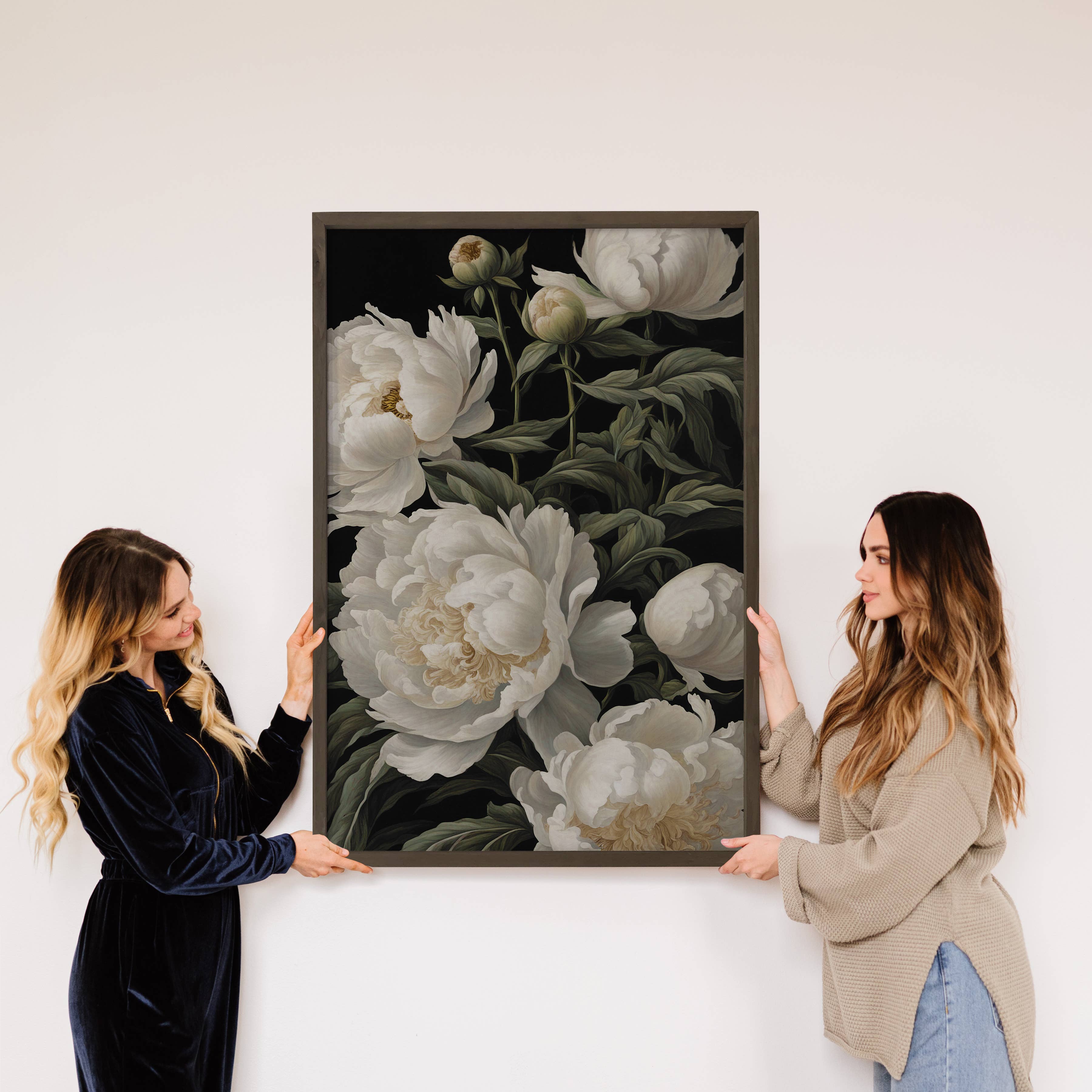 White Peony Black Background - Floral Canvas Art - Farmhouse