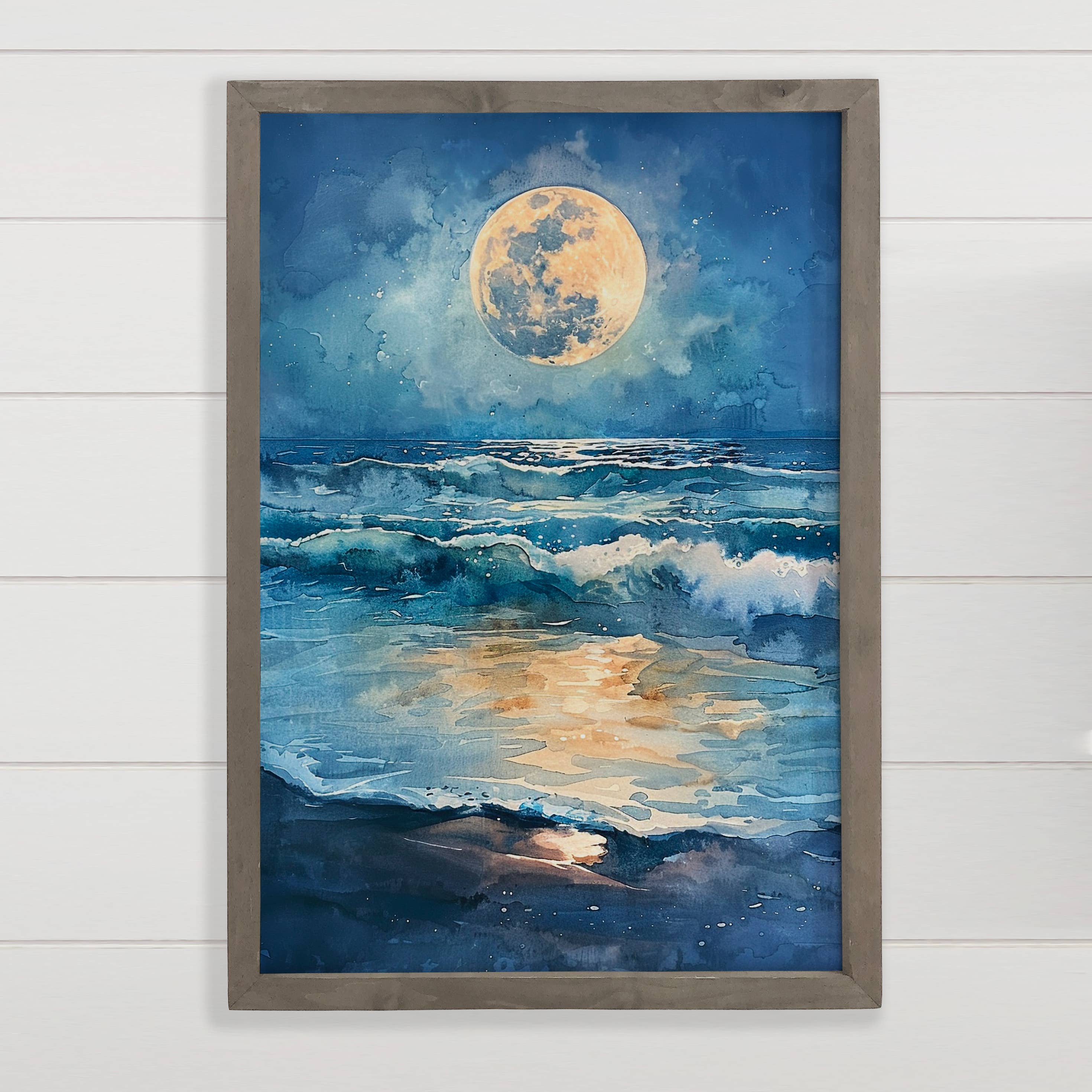 Moon Ocean Tides - Ocean Canvas Art - Wood Framed Artwork