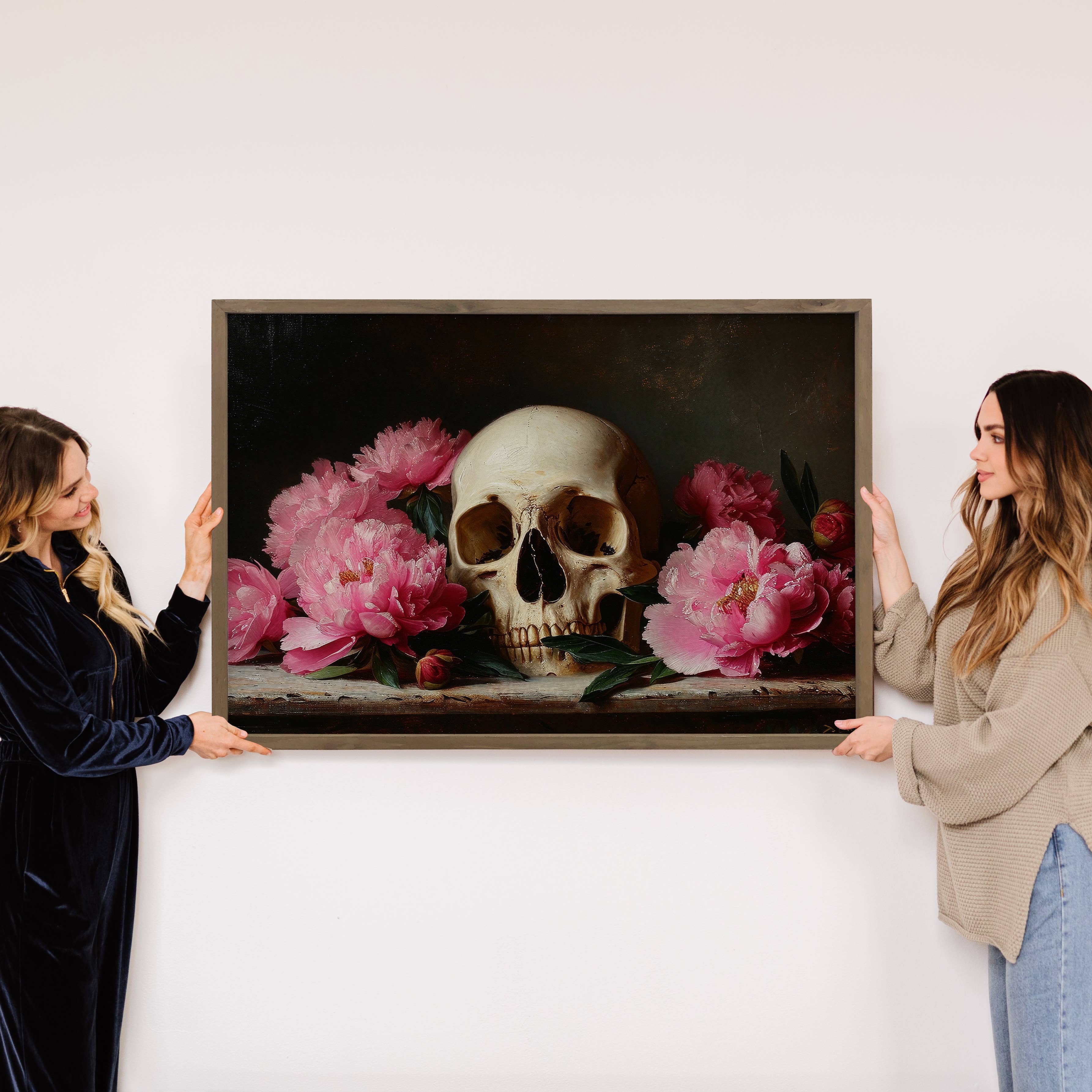 Skull with Pink Peonies - Skull Canvas Art - Framed Decor