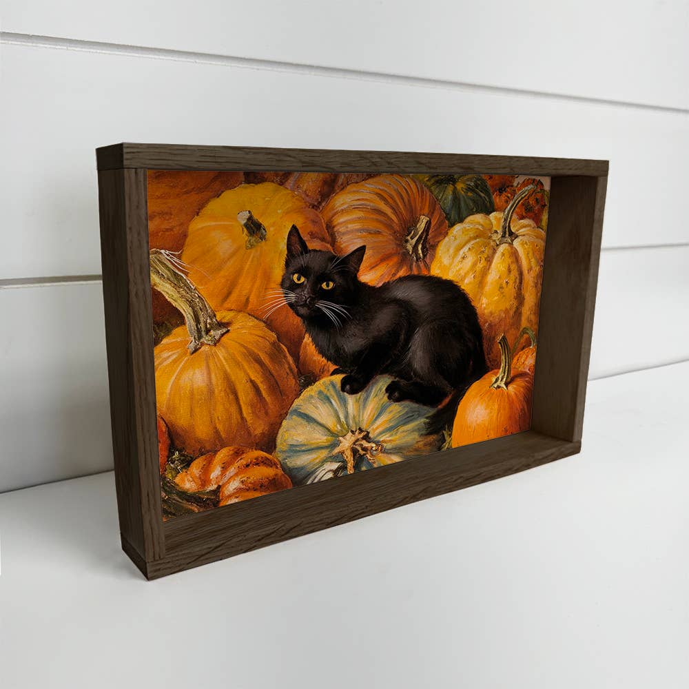 Black Cat in Pumpkins - Fall Canvas Art - Wood Framed Art