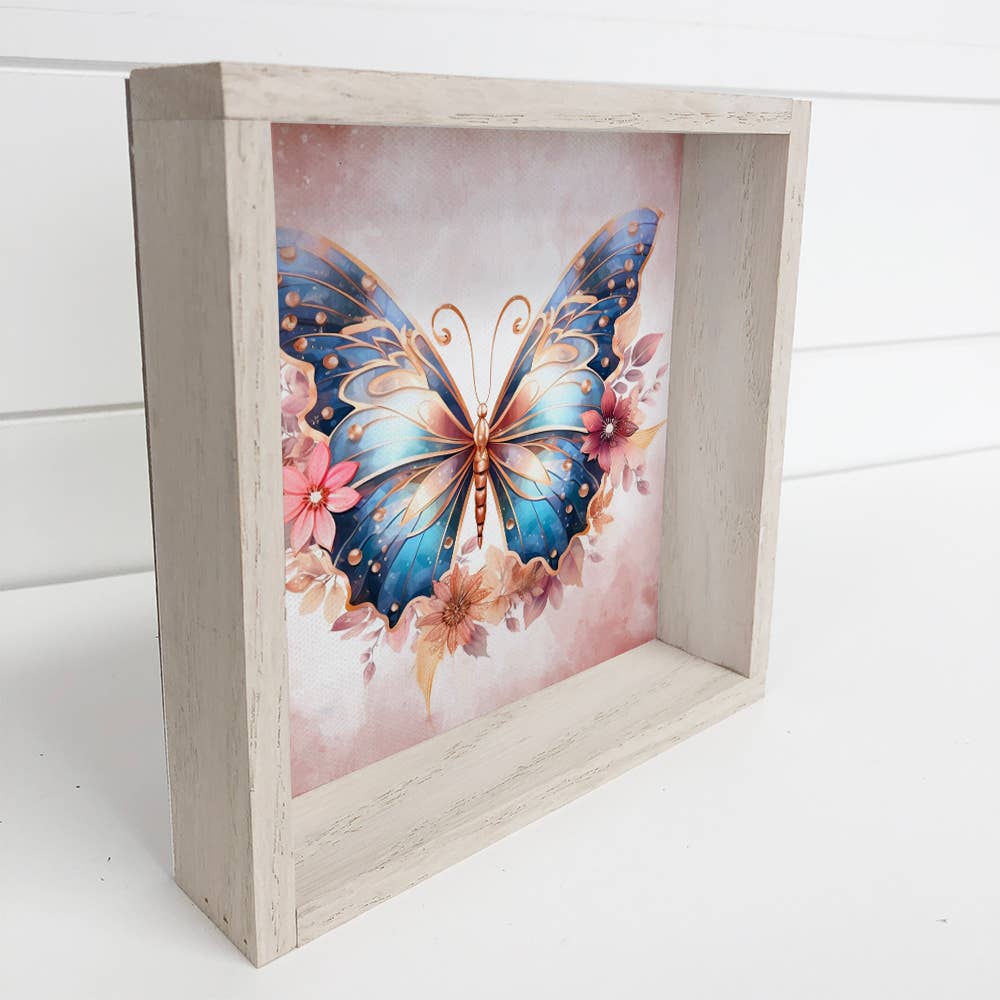 Butterfly Flowers Mauve Blue - Butterfly Canvas Art - Framed