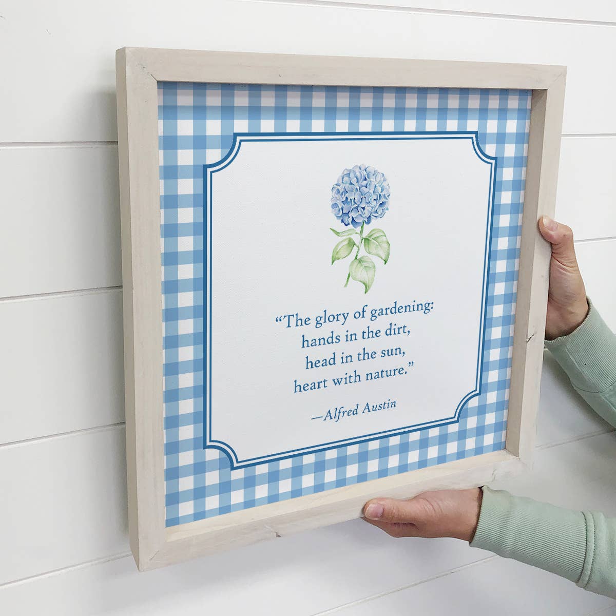 Hydrangea Gardening Blue Gingham - Canvas Word Art - Framed