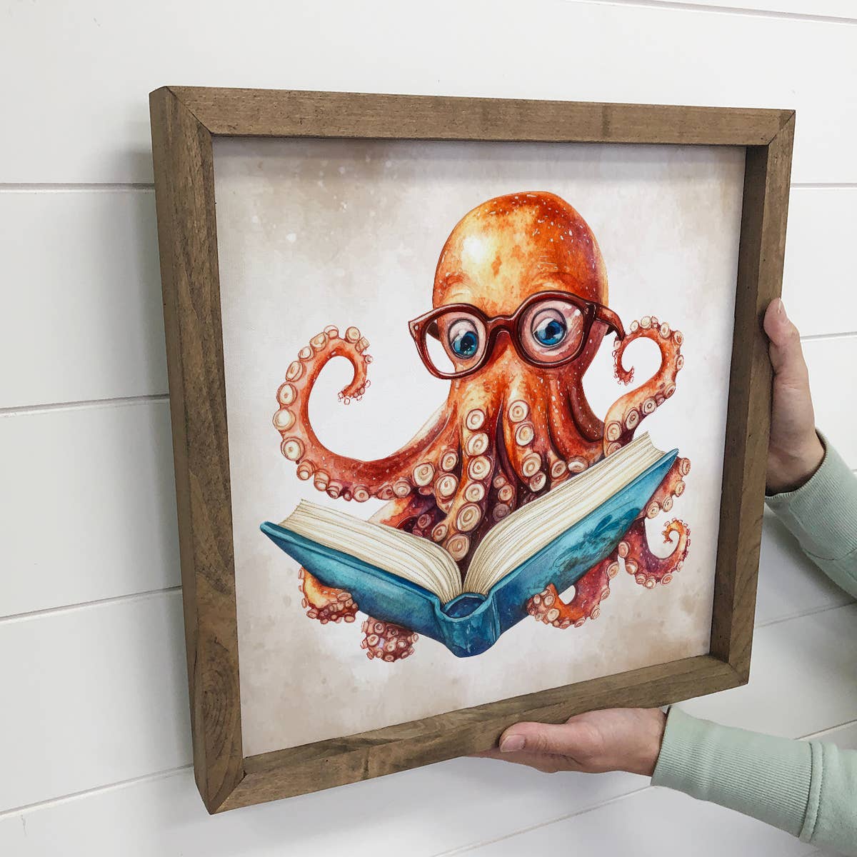 Octopus Reading Book - Cute Octopus Canvas Art - Wood Framed
