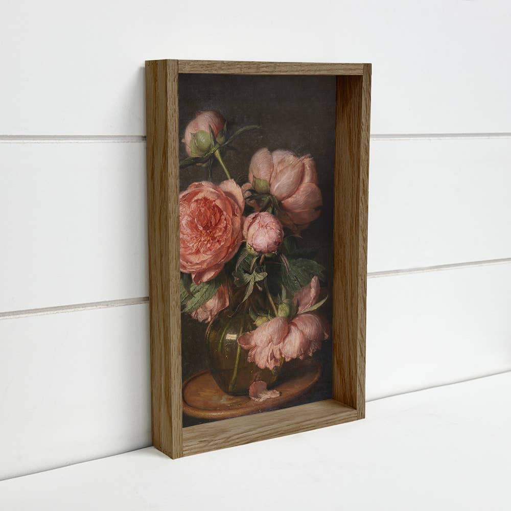 Peonies Vintage Glass Vase - Flower Canvas Art - Wood Framed