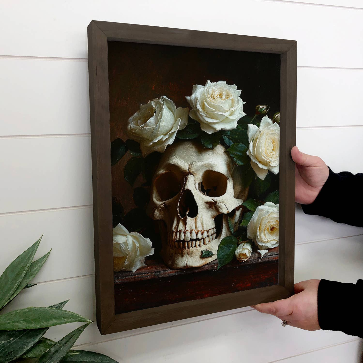 Skull with White Roses - Skull and Flower Canvas Art - Frame