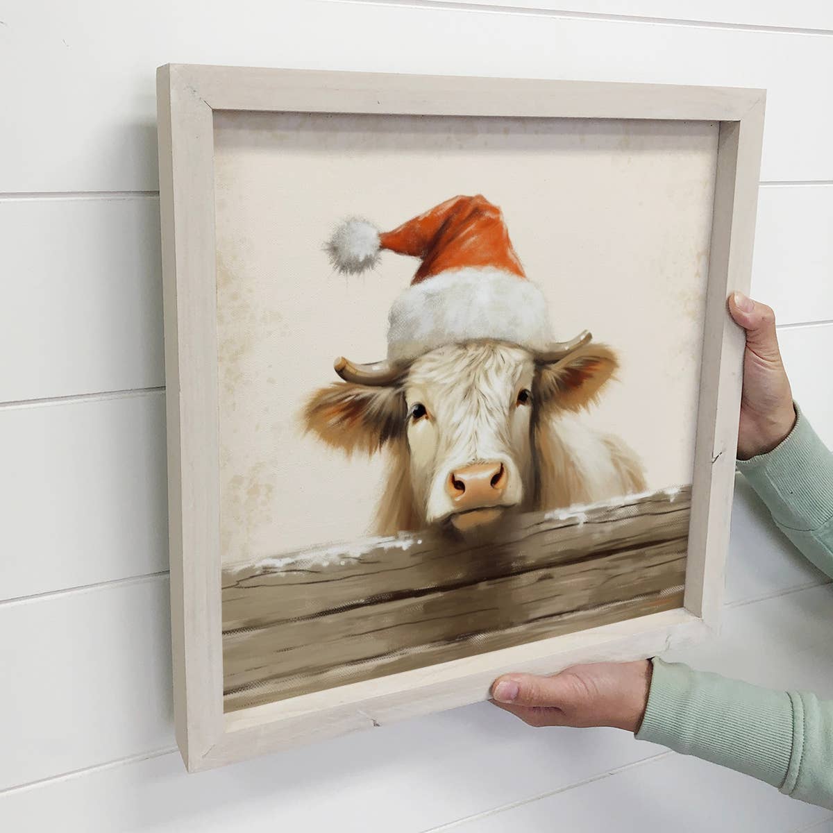 Santa Cow Over the Fence - Cute Holiday Animal - Wood Frame