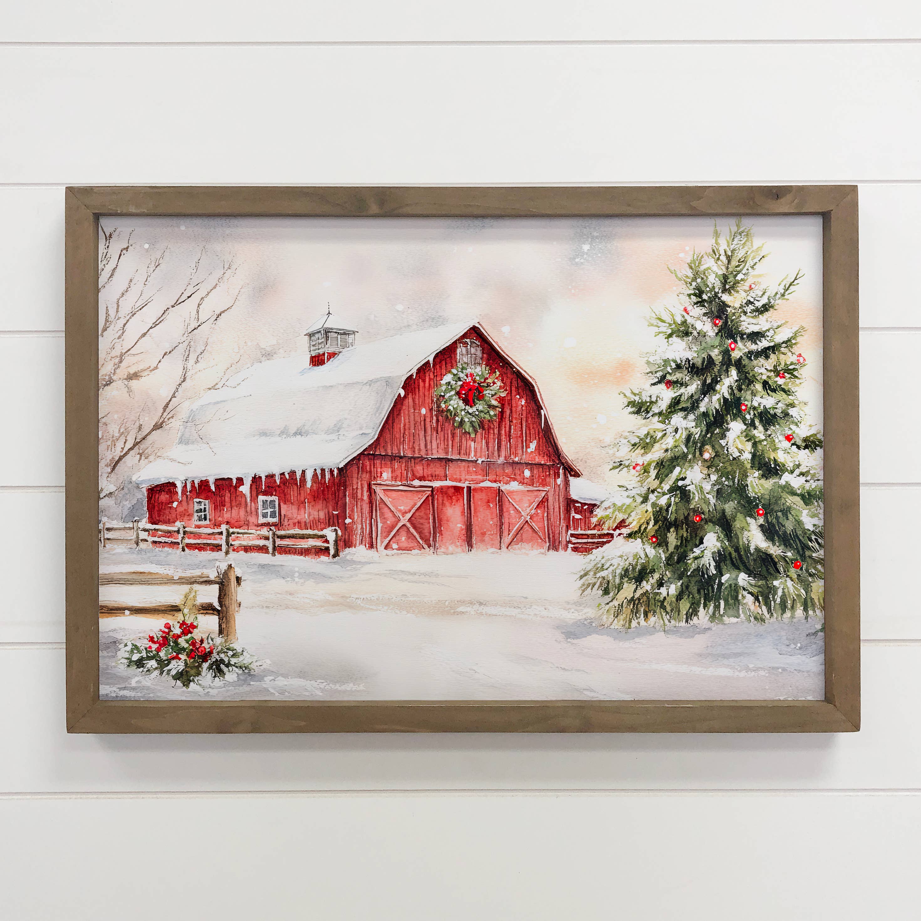 Christmas Red Barn in Snow - Farmhouse Christmas Wall Art