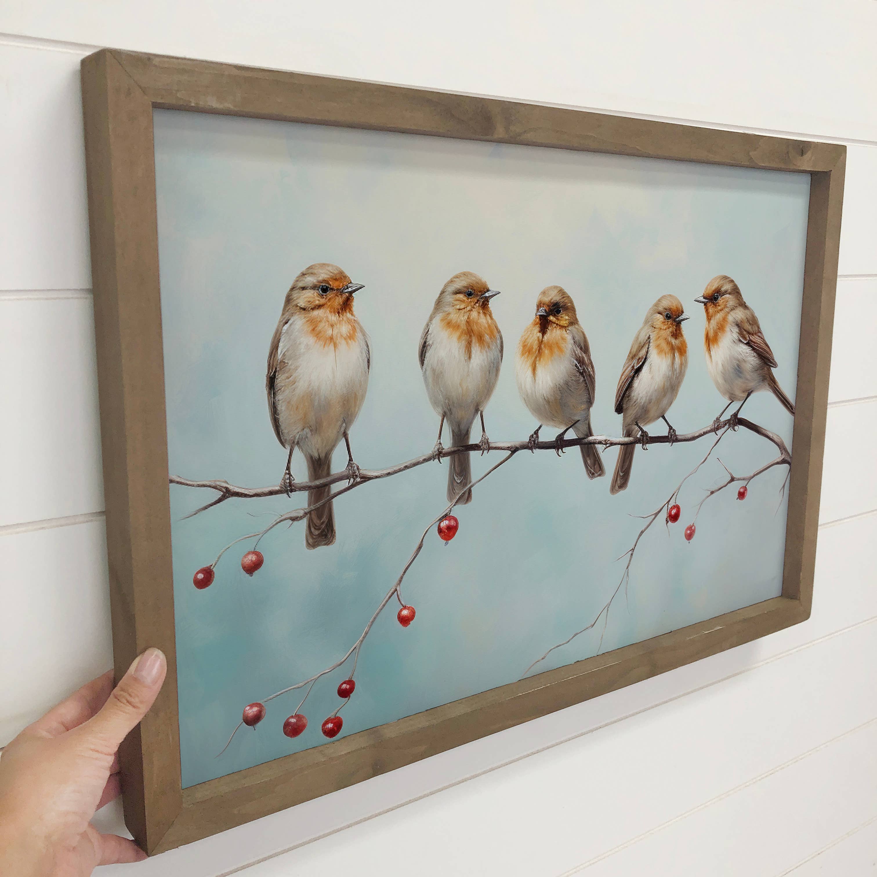 Five Birds on a Branch - Wildlife Canvas Art - Wood Framed