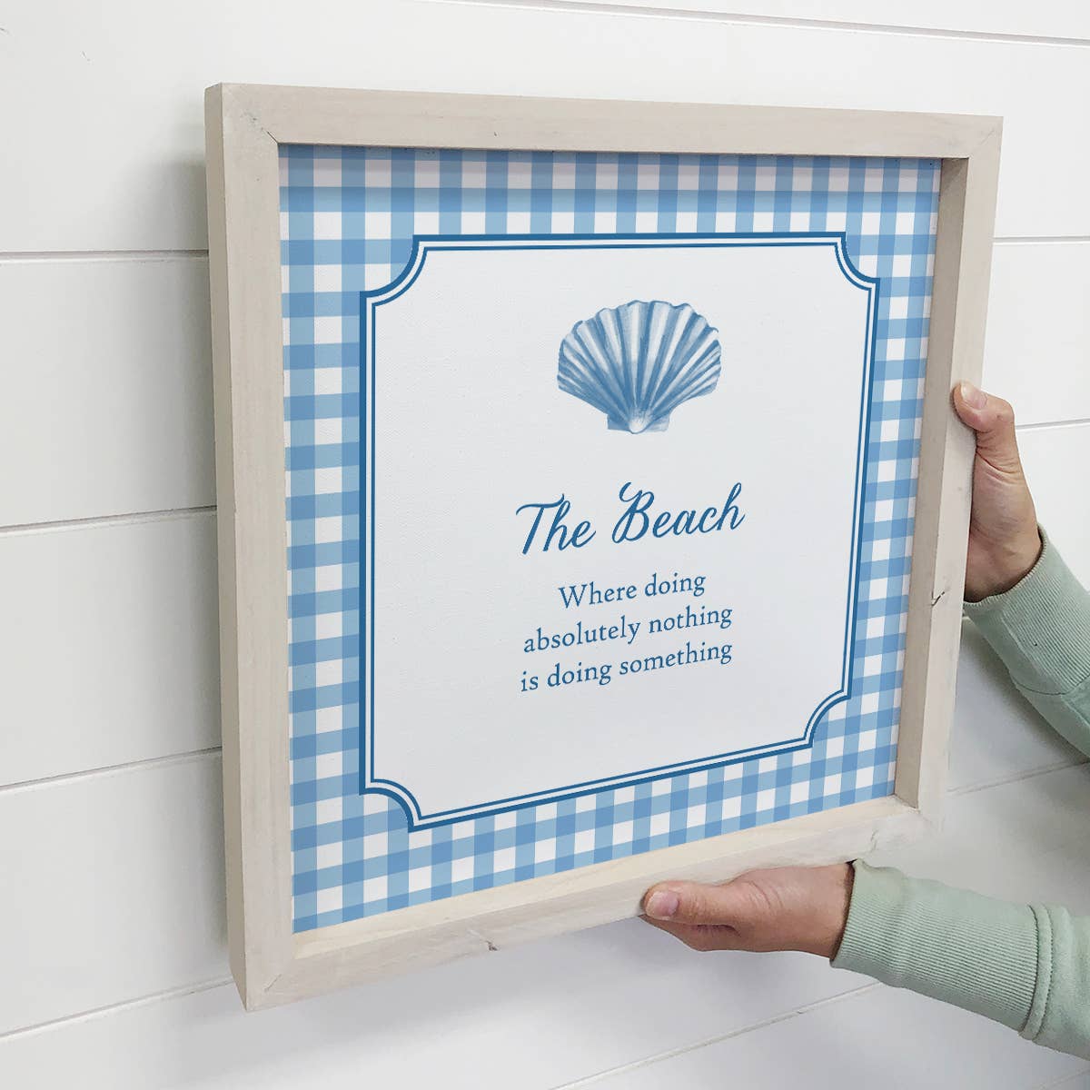 The Beach Gingham Blue - Beach Canvas Art - Wood Framed Art
