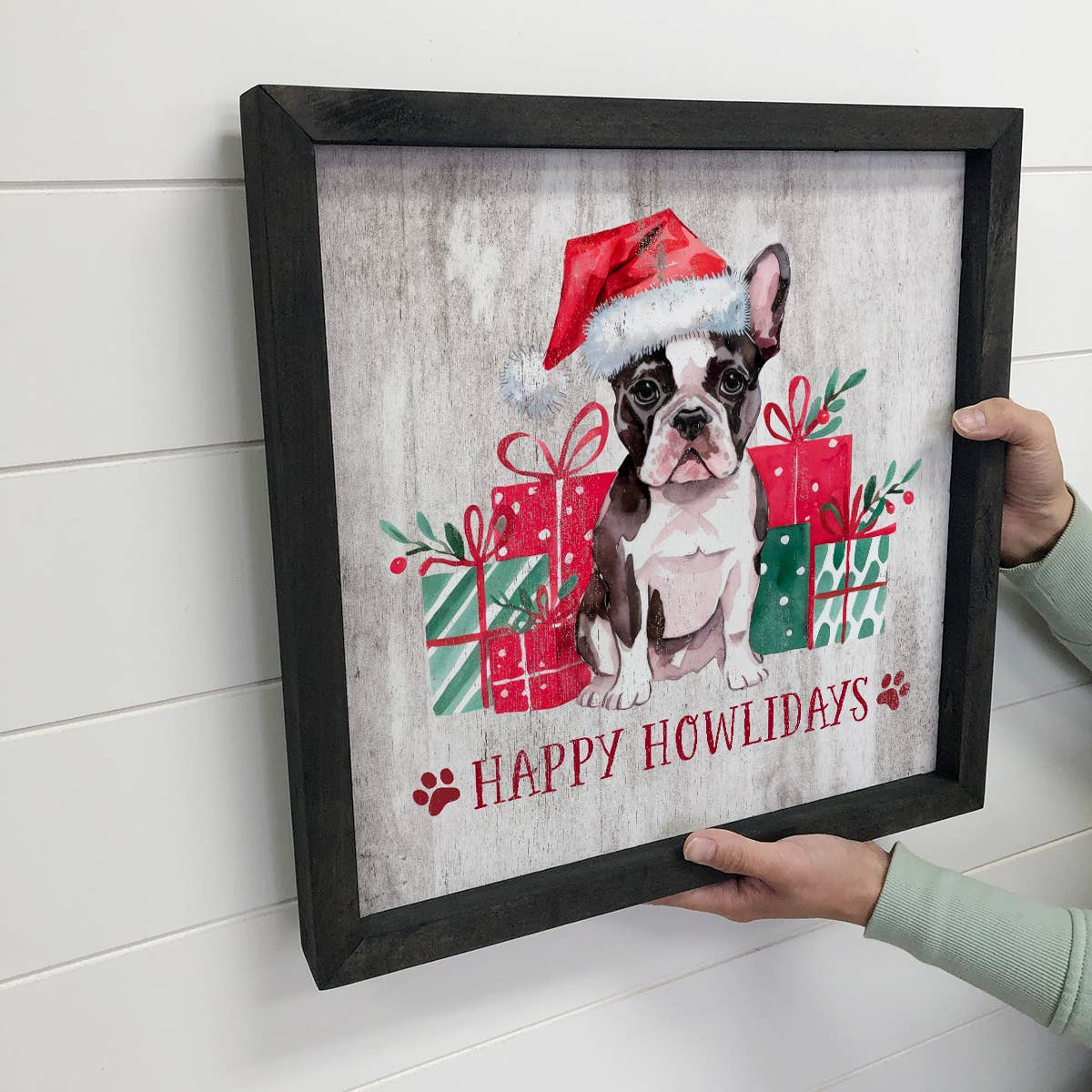 Happy Howlidays French Bulldog - Puppy Canvas Art - Framed
