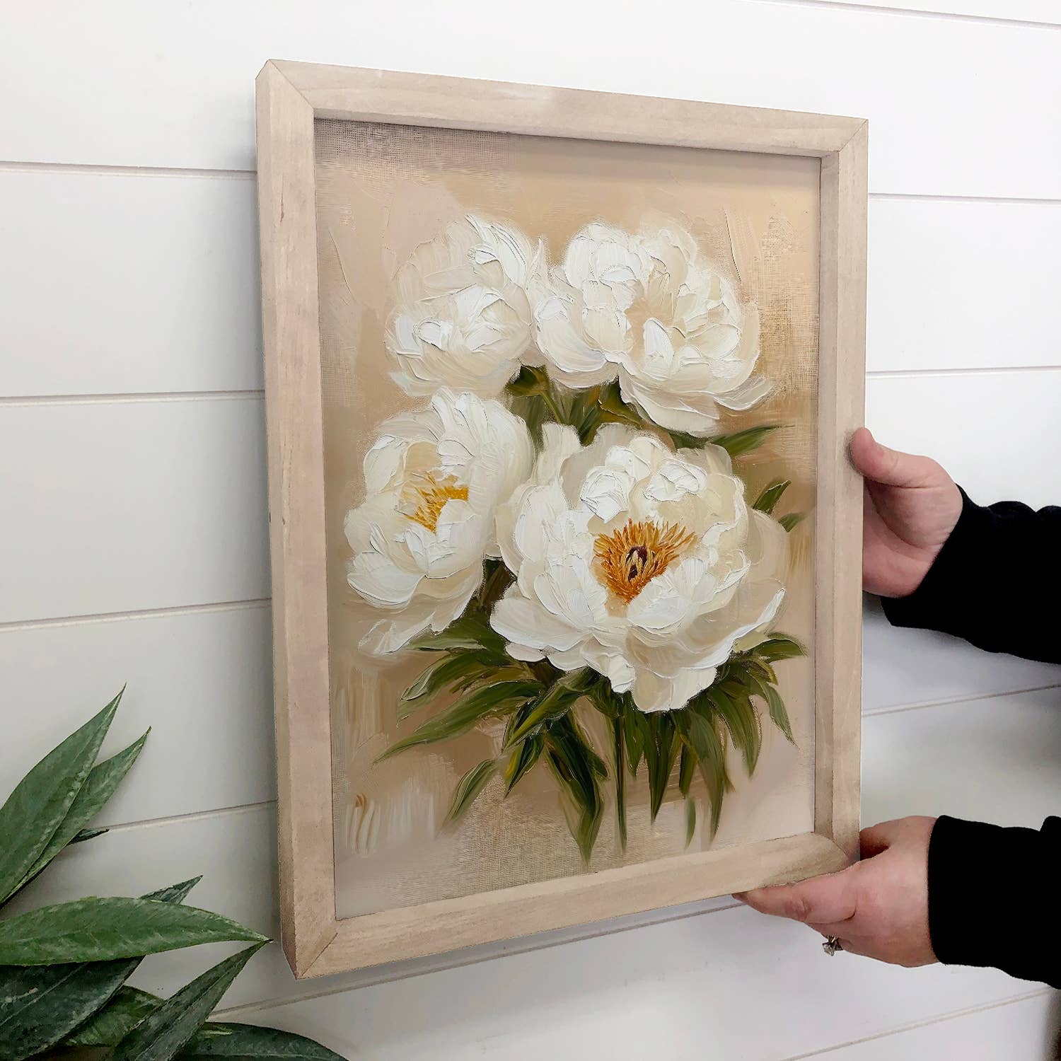 White Peonies Impressionist - Flower Canvas Art - Wood Frame
