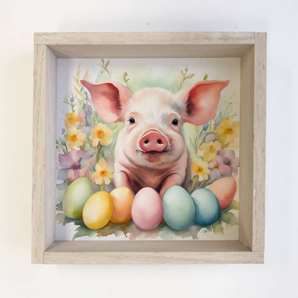 Easter Eggs Pig - Springtime Piggy Canvas Art - Wood Framed